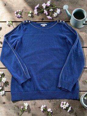Liz Claiborne Women's Sweater Large Blue Silver Glitter‎ Stripe Shoulder Buttons